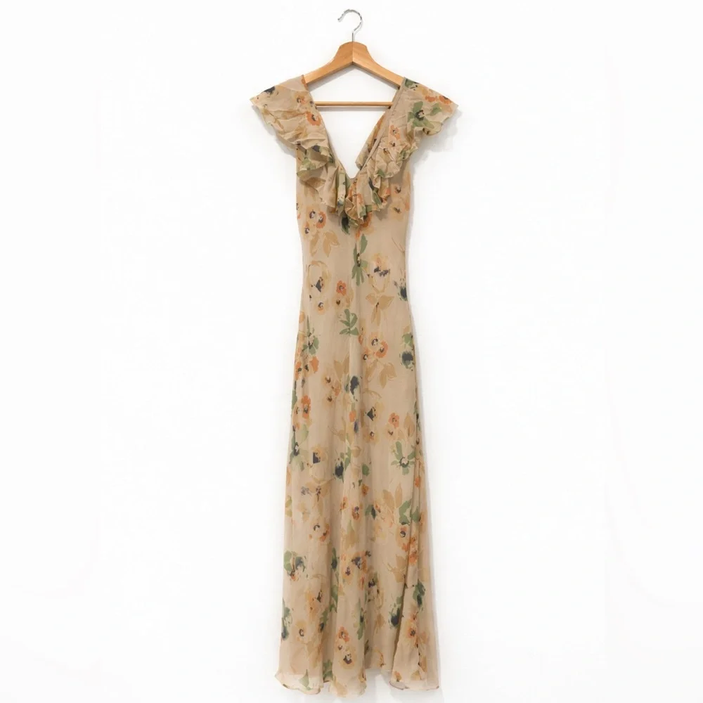 Polo Ralph Lauren 100% Silk Floral Ruffle V Neckline Beige Maxi Dress Size 6 - Picture 2 of 6